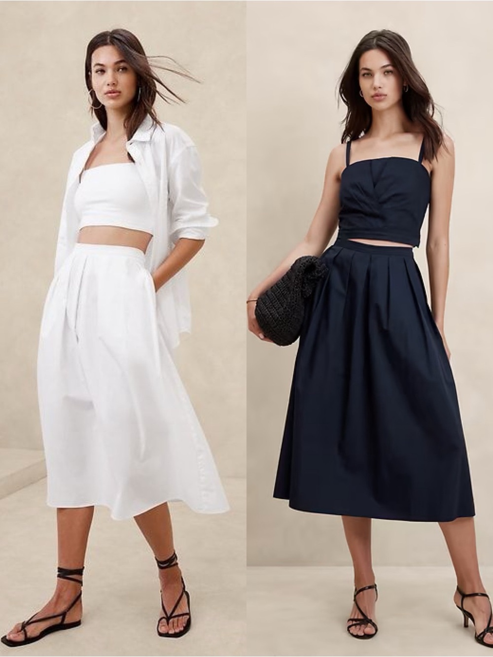 BANANA REPUBLIC *Set of 2* Poplin Midi Skirts in Navy & White | Size 2 | NWOT